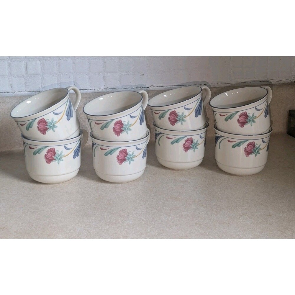 VTG LENNOX Chinastone Poppies on Blue Coffee/Tea Cups Mugs Lot Of 8 Holds 9 Oz